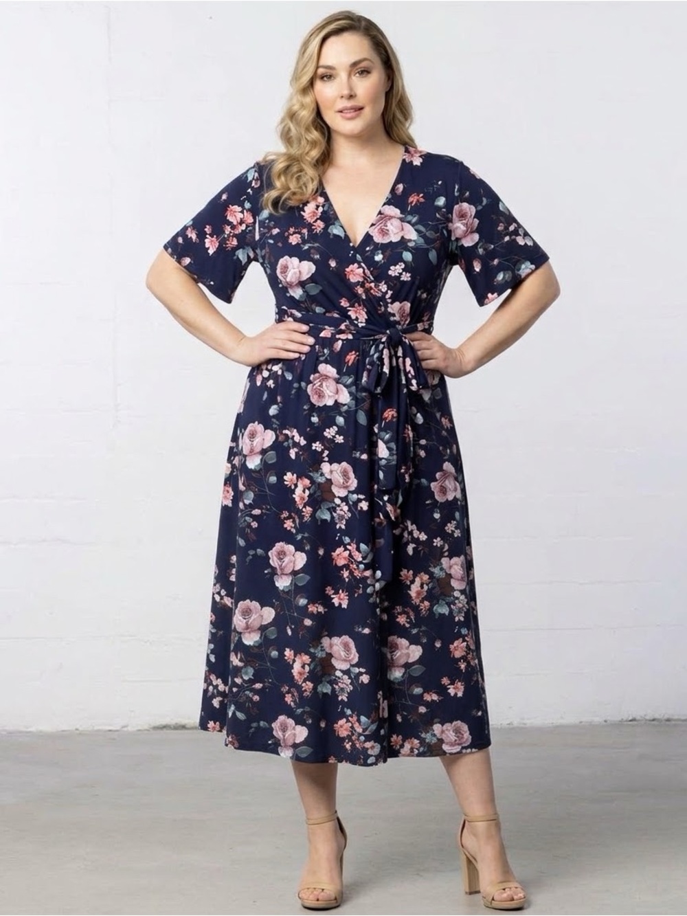 Kiyonna Floral Midi Wrap Dress Size 1X Navy Pink Rose Soft Stretch Jersey Fall